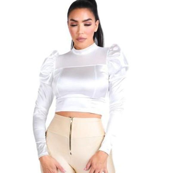 Mesh Contrast Puff Shoulder Satin Top - Picture 2 of 4